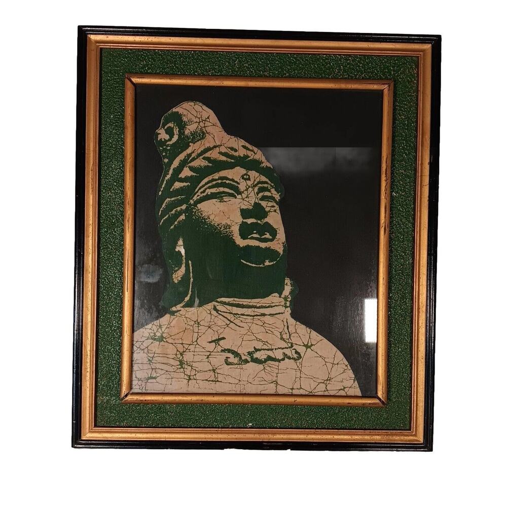 Vintage Batik Buddha Art Wall Hanging 17"x14" Stone Picture Taiwan ROC
